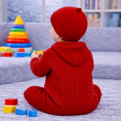 Maroon Knitted Full-Sleeve Jumpsuit Romper with Cap