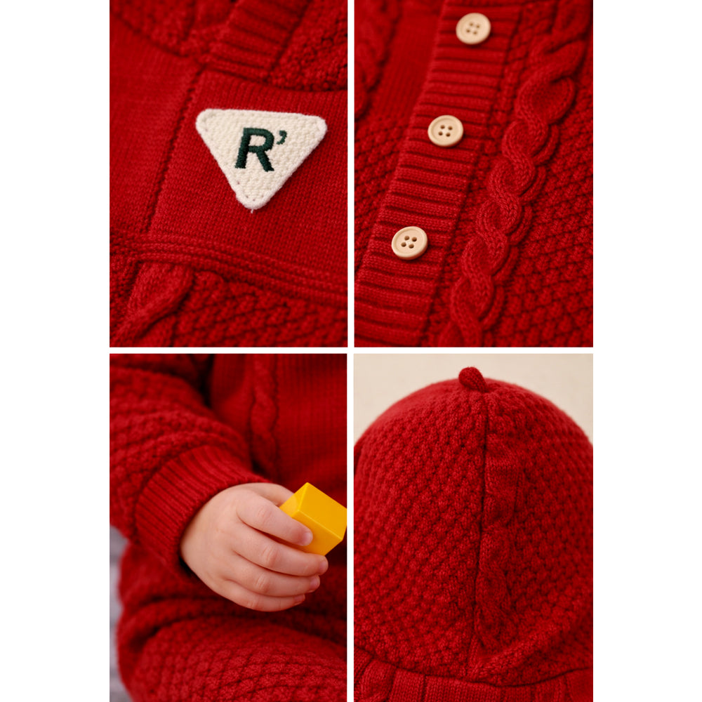 Maroon Knitted Full-Sleeve Jumpsuit Romper with Cap