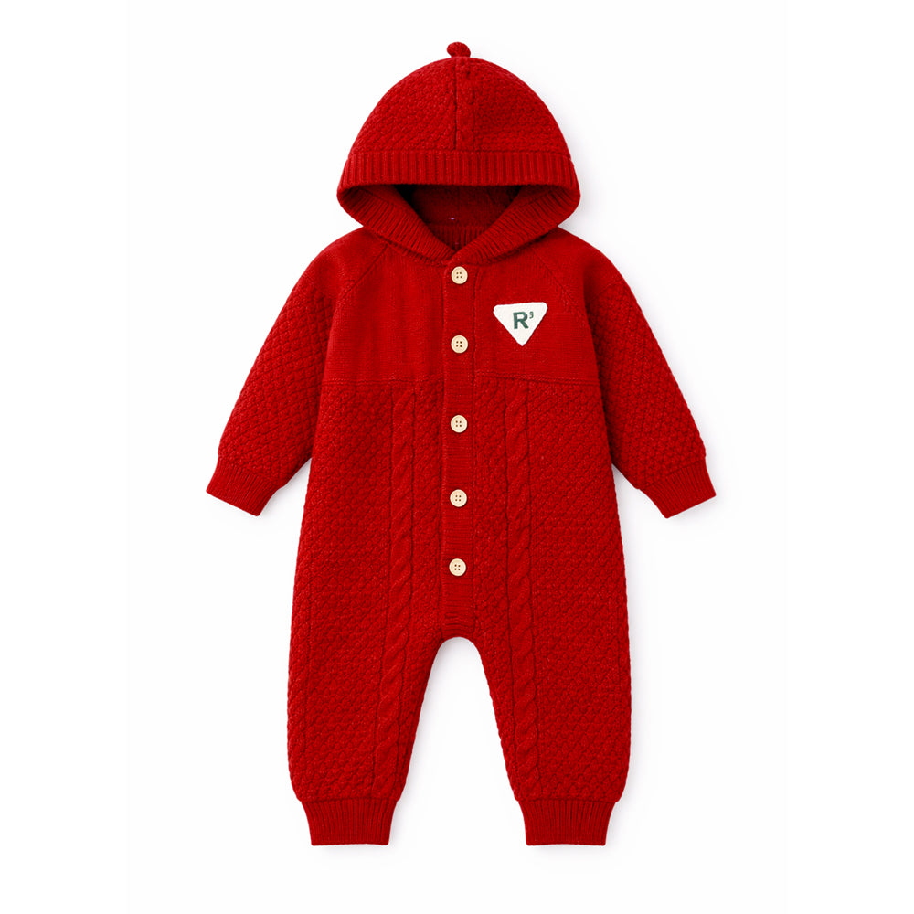 Maroon Knitted Full-Sleeve Jumpsuit Romper with Cap
