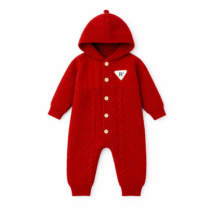 Maroon Knitted Full-Sleeve Jumpsuit Romper with Cap