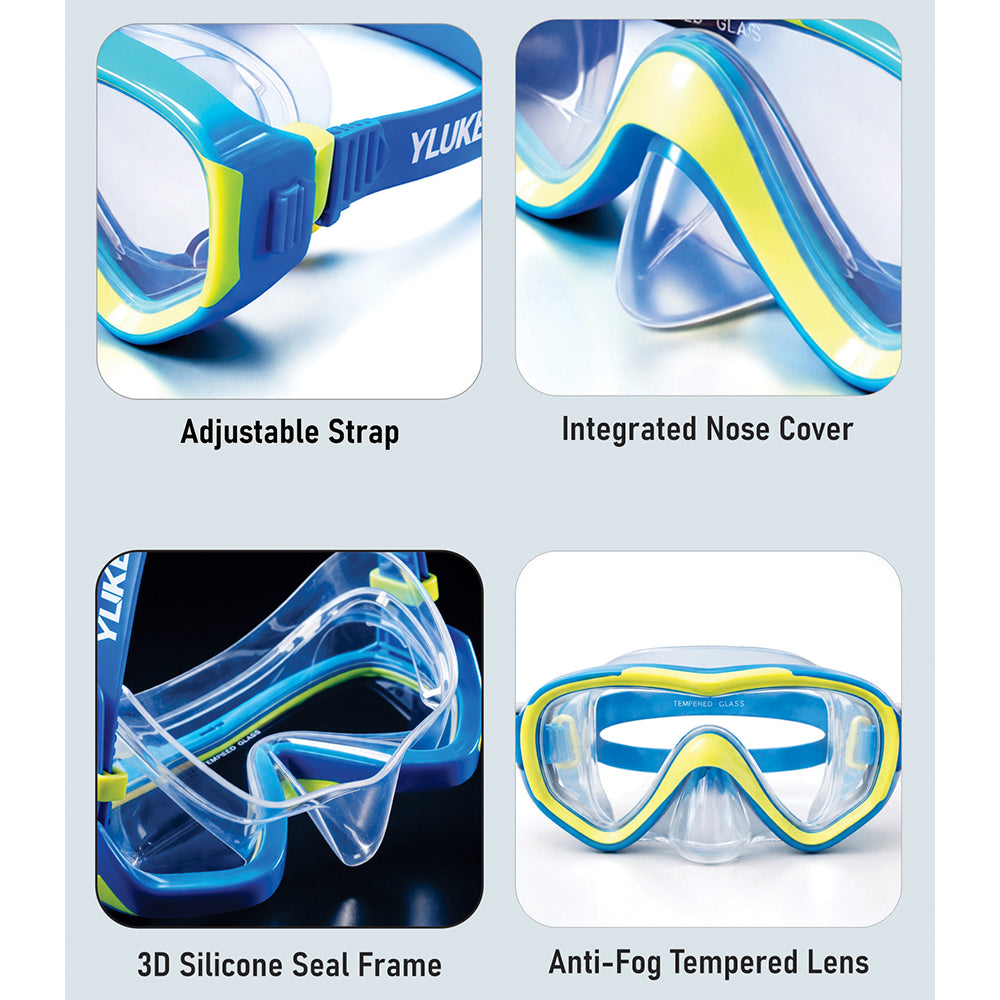 Snorkelling Scuba Diving Mask, Blue Neon Green Anti-Fog underwater snorkelling Goggles for Kids & Adults, 10Years and above