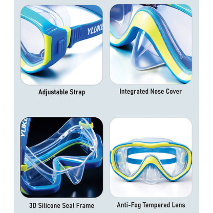 Snorkelling Scuba Diving Mask, Blue Neon Green Anti-Fog underwater snorkelling Goggles for Kids & Adults, 10Years and above