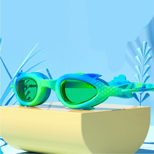Fluoroscent Green & Blue Fishtail Designed Frame, Anti-Fog UV Protection Leakproof Design Swim Goggles for Kids, 3 years -