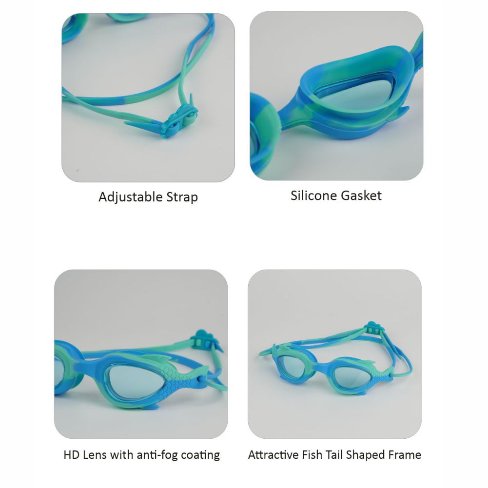 Mint & Blue Fishtail Designed Frame, Anti-Fog UV Protection Leakproof Design Swim Goggles for Kids, 3 years - 8 years -