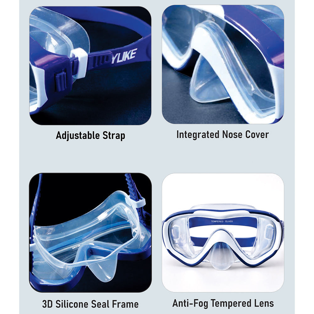 Snorkelling Scuba Diving Mask, Navy Blue Anti-Fog Snorkelling-Style Swim Goggles for Kids & Adults, 10Years and above -