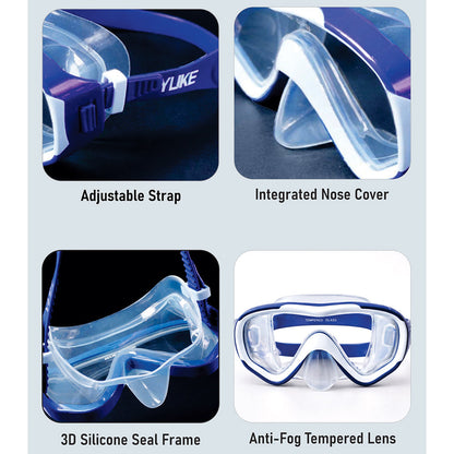 Snorkelling Scuba Diving Mask, Navy Blue Anti-Fog Snorkelling-Style Swim Goggles for Kids & Adults, 10Years and above -
