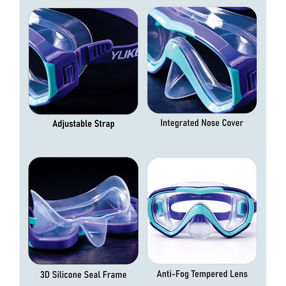 Snorkelling Scuba Diving Mask, Purple Blue Anti-Fog Snorkelling-Style Swim Goggles for Kids, for Kids & Adults, 10Years and
