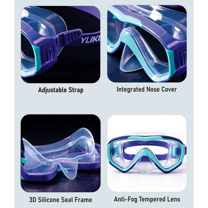Snorkelling Scuba Diving Mask, Purple Blue Anti-Fog Snorkelling-Style Swim Goggles for Kids, for Kids & Adults, 10Years and