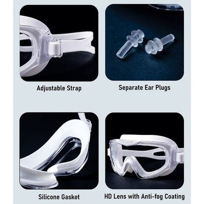 White 3 dash Glass panel styled Anti-Fog UV Protection Leakproof design Swim Goggles for 12 Years + & Adults - Little