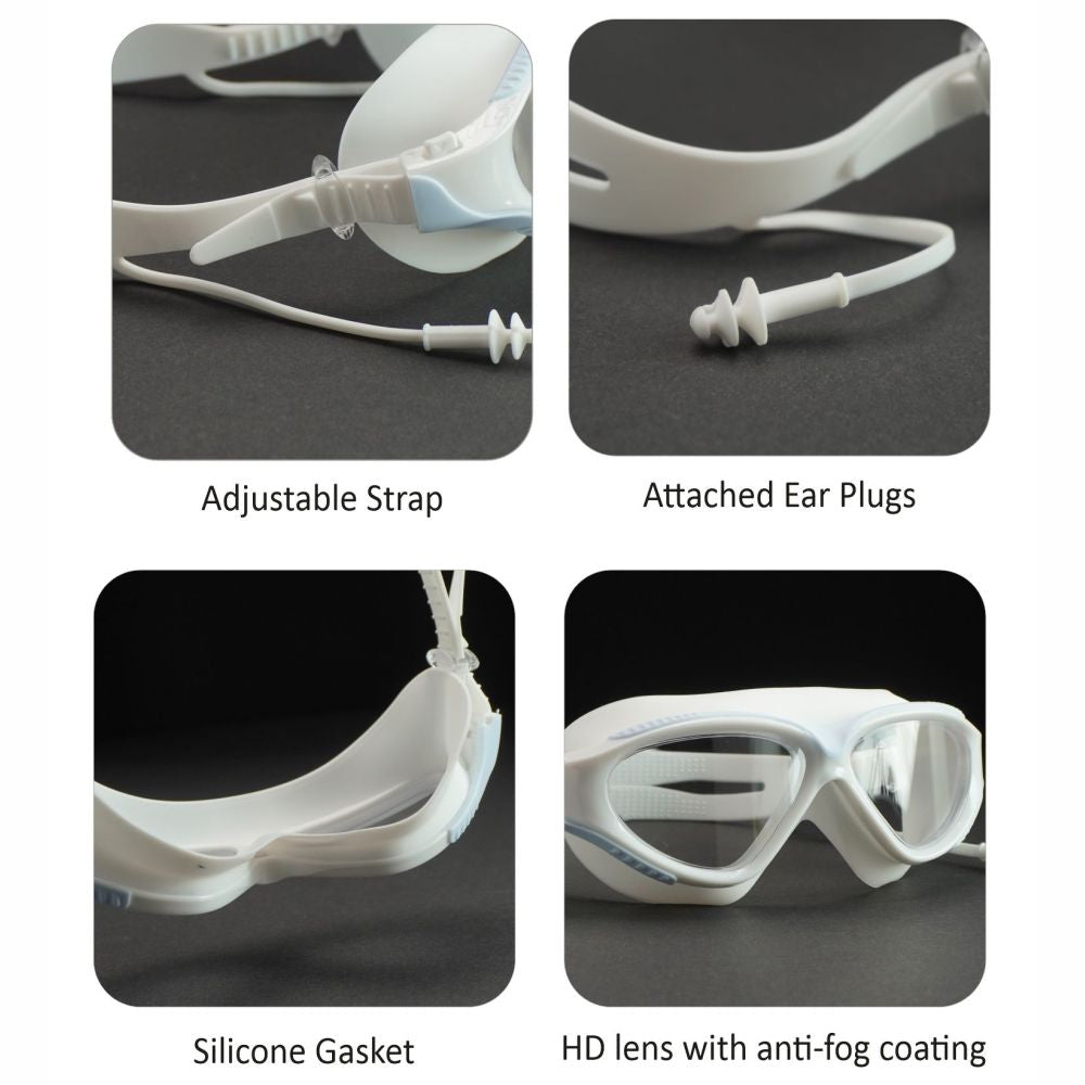 White with Light Blue Clip style Anti-Fog UV Protection Leakproof design Swim Goggles for Adults - Little Surprise Box