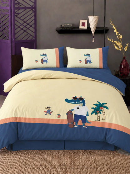 4 Pcs Skateboard Croc Theme Embroidered King Size Bedding Set