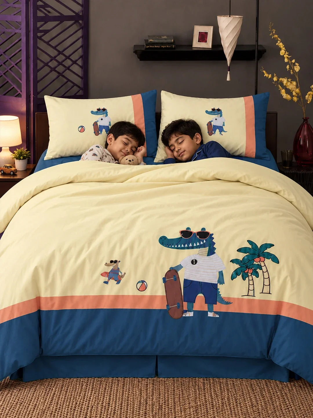 4 Pcs Skateboard Croc Theme Embroidered King Size Bedding Set