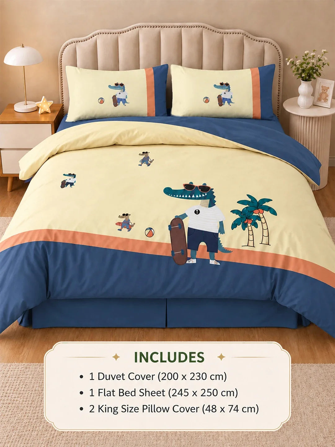 4 Pcs Skateboard Croc Theme Embroidered King Size Bedding Set