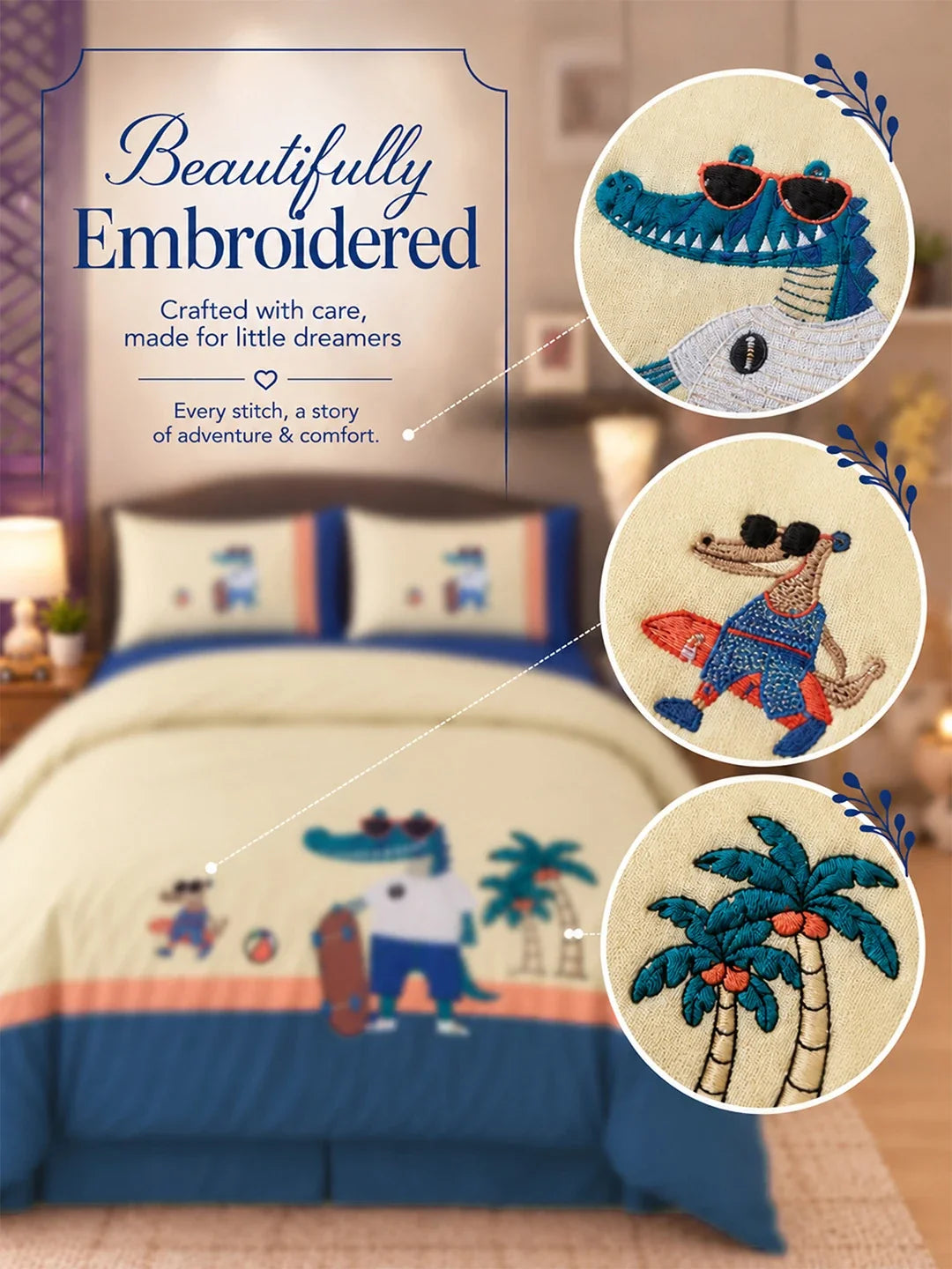 4 Pcs Skateboard Croc Theme Embroidered King Size Bedding Set