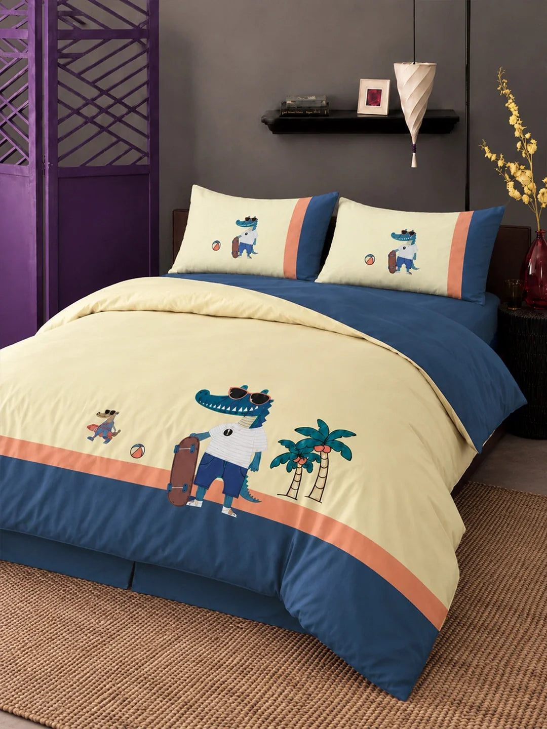 4 Pcs Skateboard Croc Theme Embroidered King Size Bedding Set