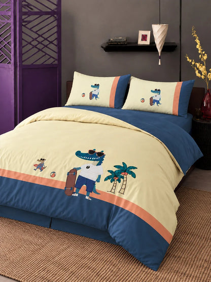 4 Pcs Skateboard Croc Theme Embroidered King Size Bedding Set