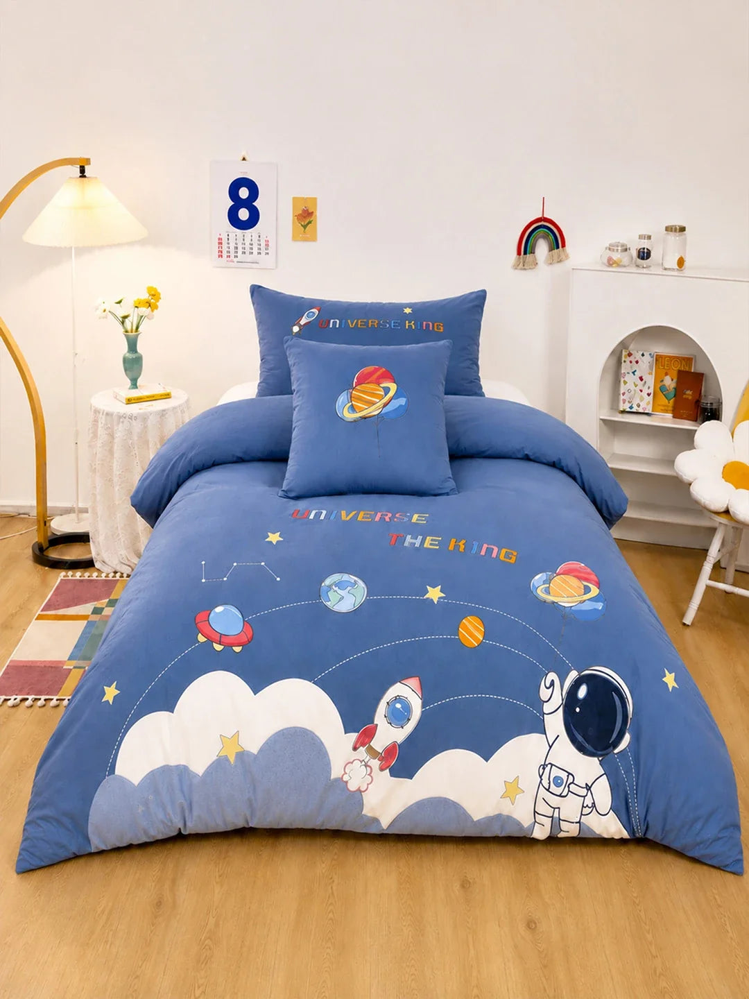 4 Pcs Space Theme Embroidered Single Bed Bedding Set