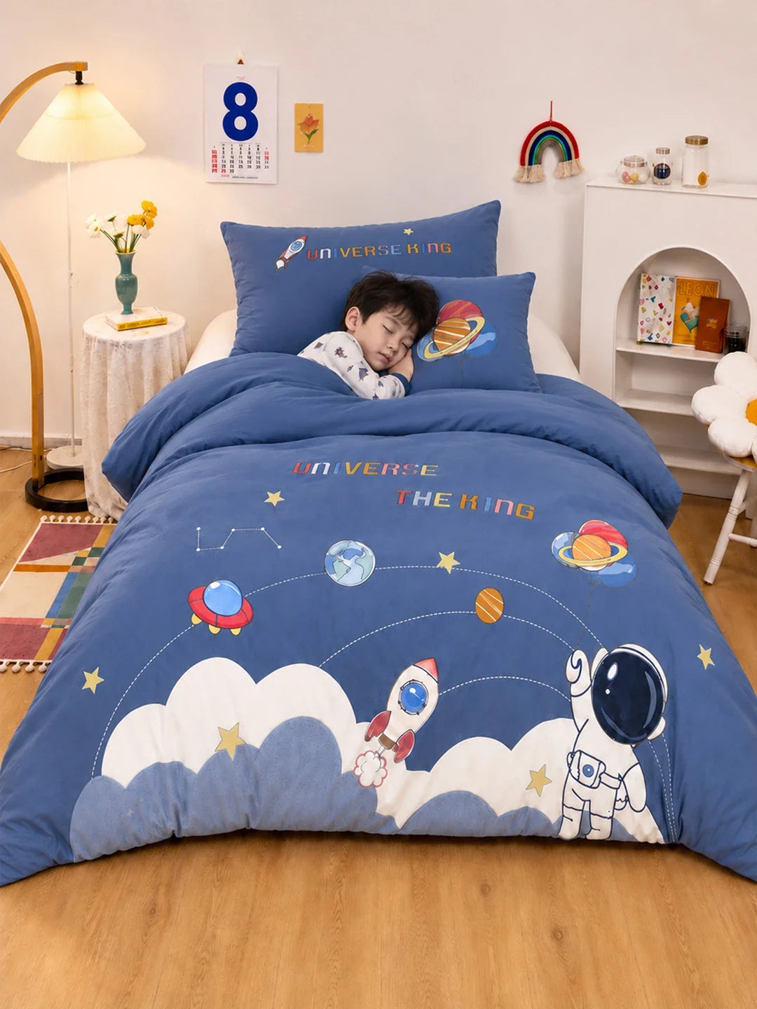 4 Pcs Space Theme Embroidered Single Bed Bedding Set