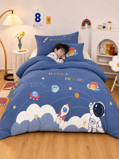 4 Pcs Space Theme Embroidered Single Bed Bedding Set