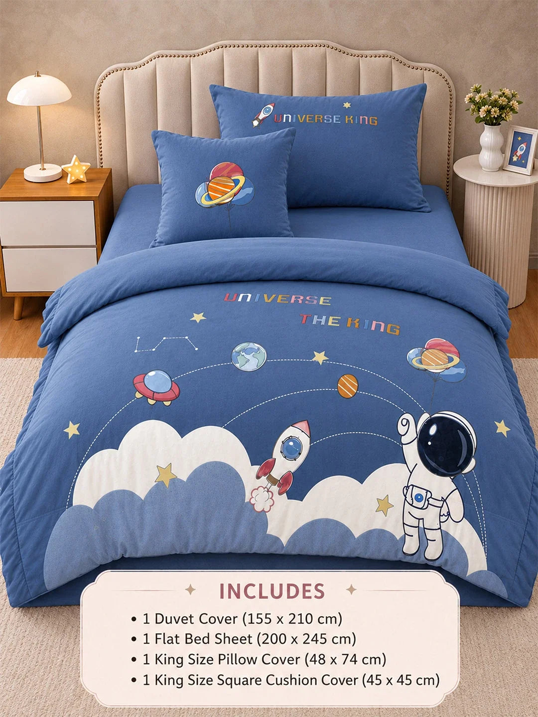 4 Pcs Space Theme Embroidered Single Bed Bedding Set