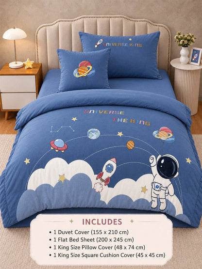 4 Pcs Space Theme Embroidered Single Bed Bedding Set