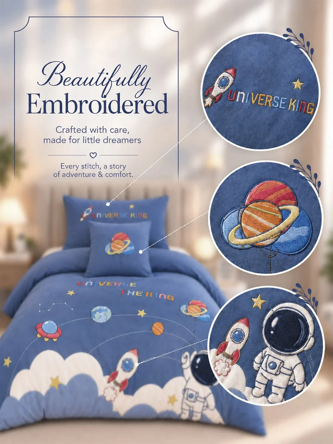 4 Pcs Space Theme Embroidered Single Bed Bedding Set
