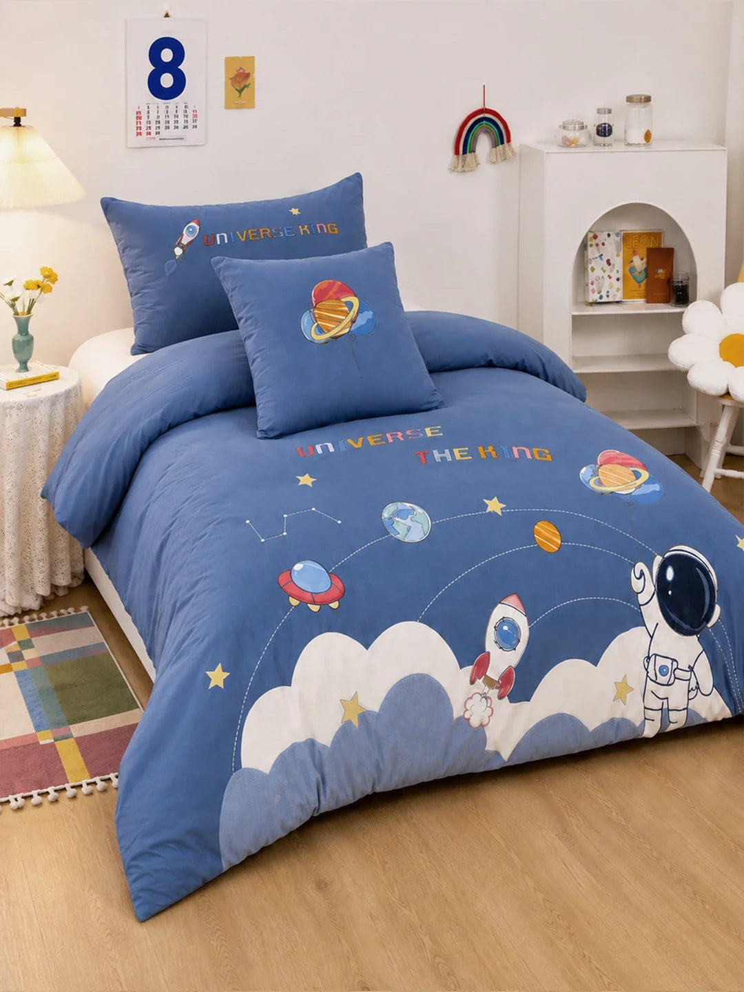 4 Pcs Space Theme Embroidered Single Bed Bedding Set