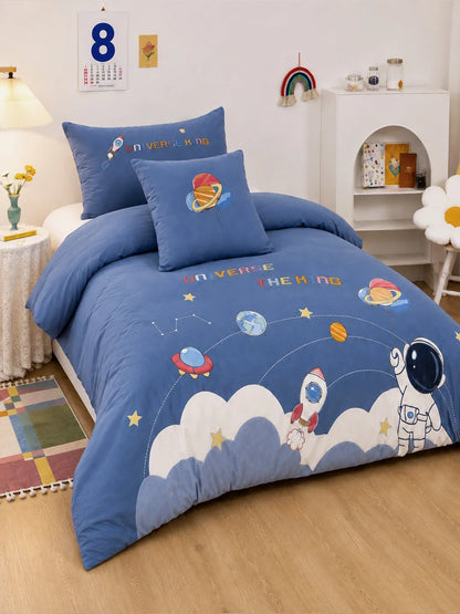 4 Pcs Space Theme Embroidered Single Bed Bedding Set