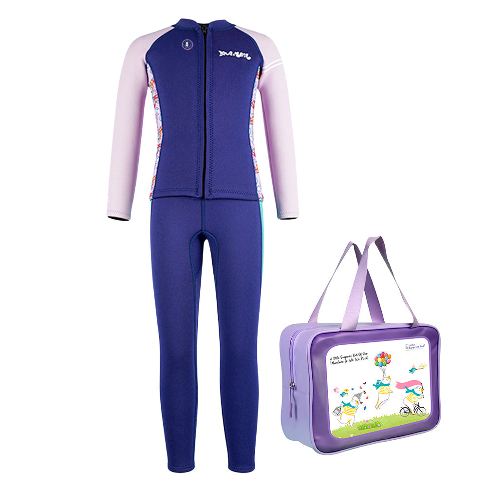 Dive 2-Piece Navy & Purple Front-Zip Jacket with Full Length Pants, 2.5mm Neoprene Kids Swimsuit with Free Washbag - Little