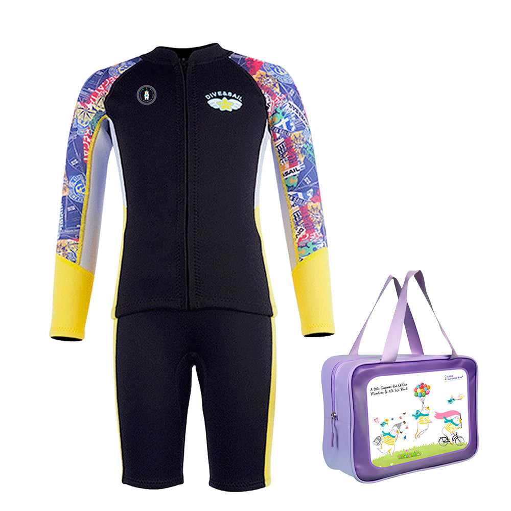 Dive 2-Piece set Black & Yellow Stamps Front-Zip Jacket Printed with Knee Length Shorts, 2.5mm Neoprene Kids Swimsuit with