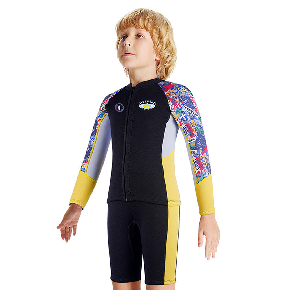 Dive 2-Piece set Black & Yellow Stamps Front-Zip Jacket Printed with Knee Length Shorts, 2.5mm Neoprene Kids Swimsuit with