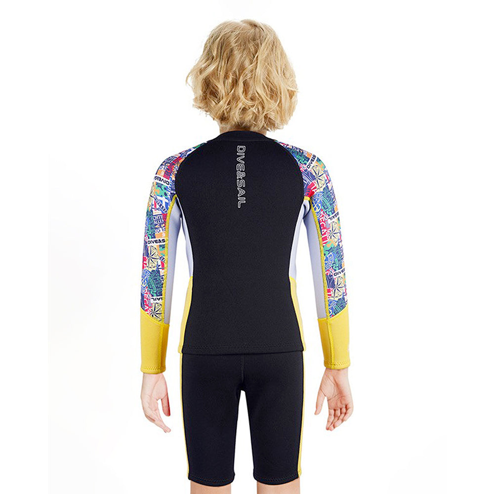 Dive 2-Piece set Black & Yellow Stamps Front-Zip Jacket Printed with Knee Length Shorts, 2.5mm Neoprene Kids Swimsuit with