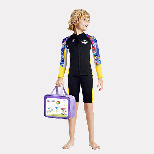 Dive 2-Piece set Black & Yellow Stamps Front-Zip Jacket Printed with Knee Length Shorts, 2.5mm Neoprene Kids Swimsuit with