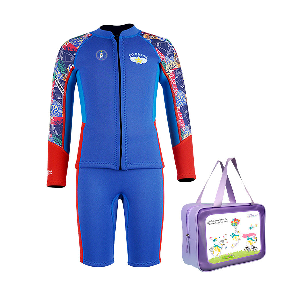 Dive 2-Piece set, Cobalt & Red Stamps Front-Zip Jacket with Knee Length Shorts, 2.5mm Neoprene Kids Swimsuit with Free