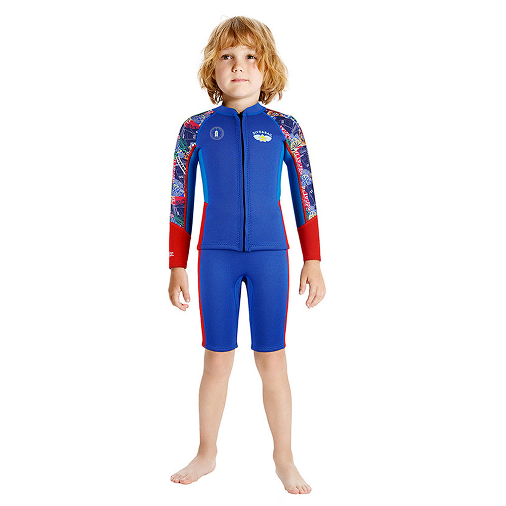 Dive 2-Piece set, Cobalt & Red Stamps Front-Zip Jacket with Knee Length Shorts, 2.5mm Neoprene Kids Swimsuit with Free