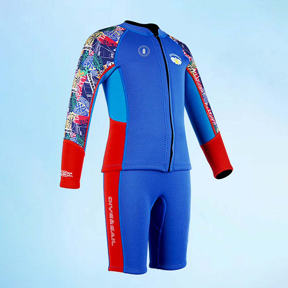 Dive 2-Piece set, Cobalt & Red Stamps Front-Zip Jacket with Knee Length Shorts, 2.5mm Neoprene Kids Swimsuit with Free
