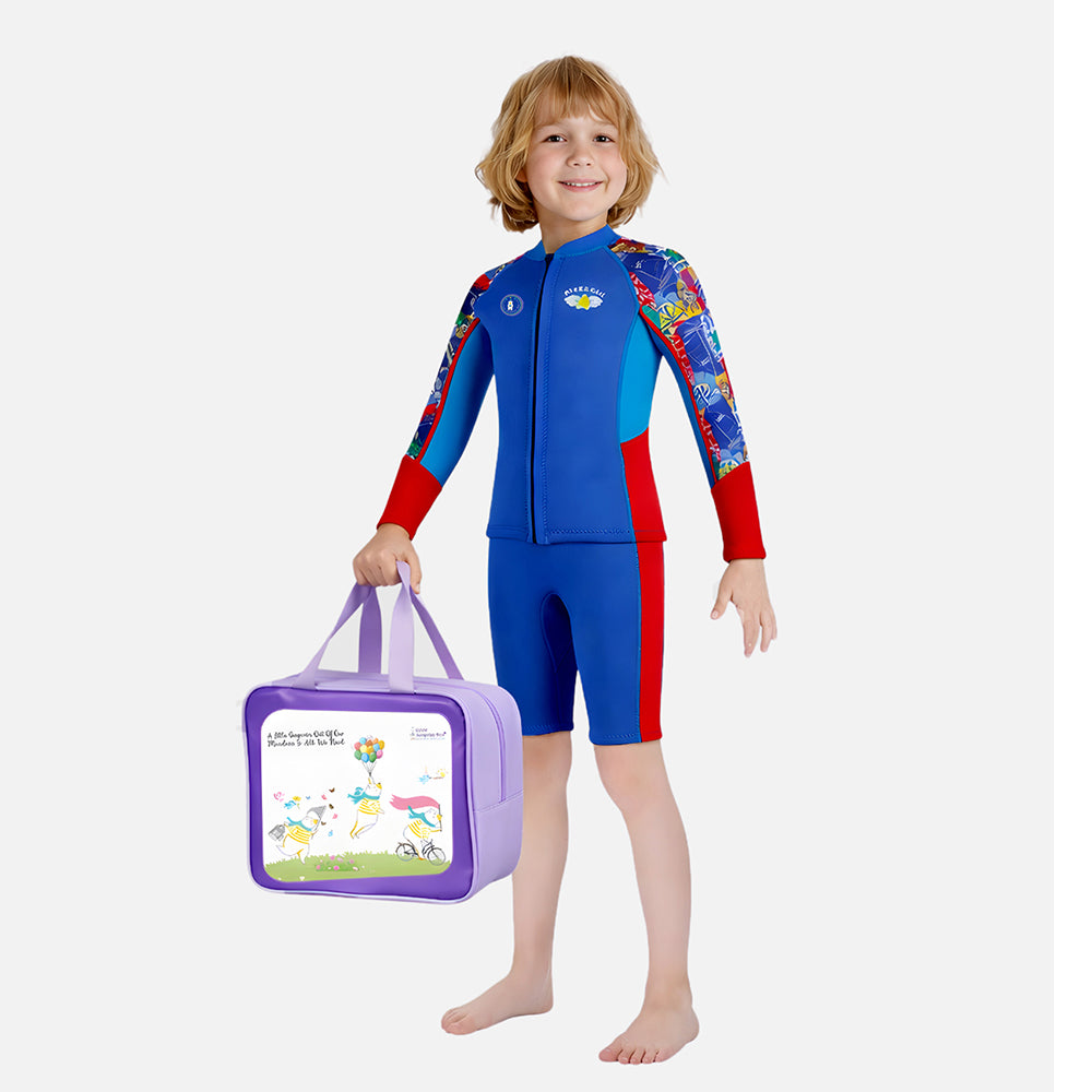 Dive 2-Piece set, Cobalt & Red Stamps Front-Zip Jacket with Knee Length Shorts, 2.5mm Neoprene Kids Swimsuit with Free