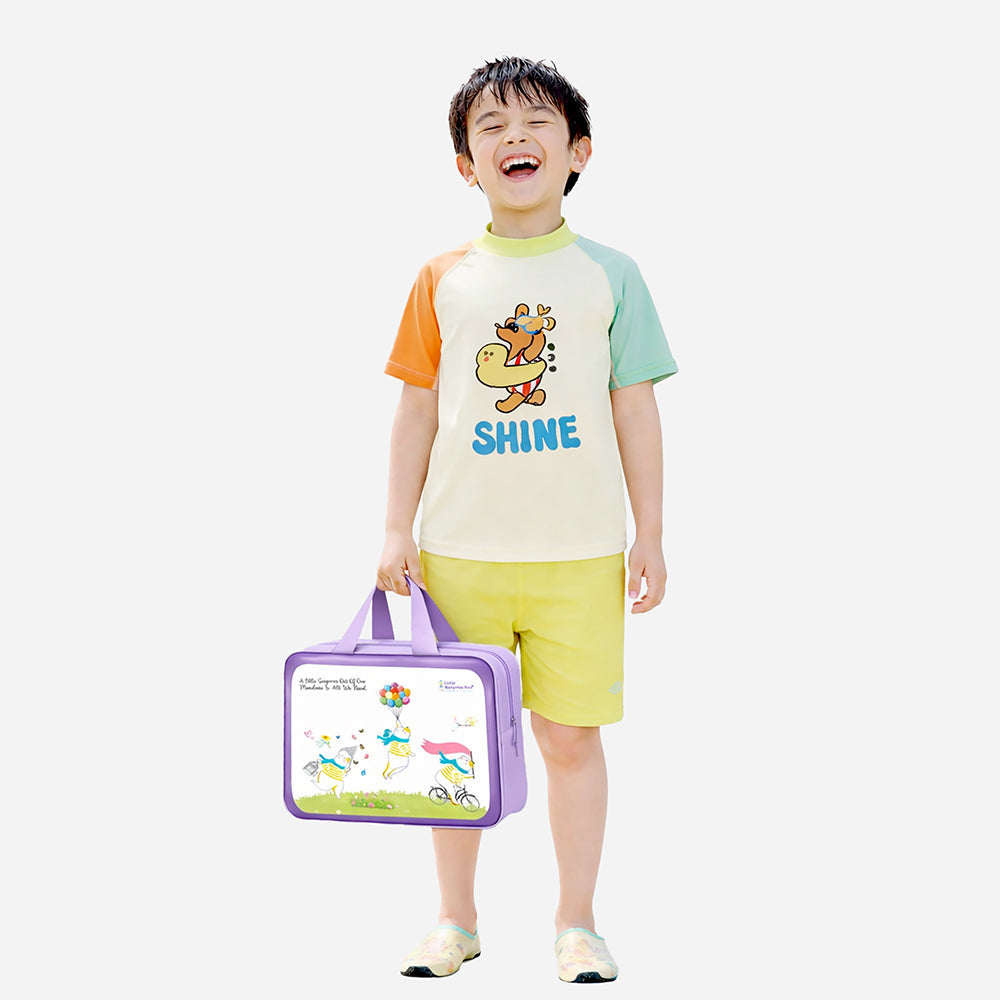 2 Pcs T-Shirt & Shorts Set Ivory, Teal & Yellow "Shine" Cartoon Print UPF 50+ Kids Swimwear with Matching Swim Cap With