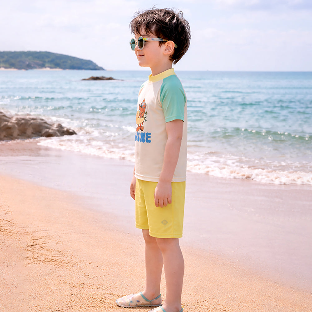 2 Pcs T-Shirt & Shorts Set Ivory, Teal & Yellow "Shine" Cartoon Print UPF 50+ Kids Swimwear with Matching Swim Cap With