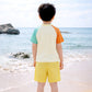 2 Pcs T-Shirt & Shorts Set Ivory, Teal & Yellow "Shine" Cartoon Print UPF 50+ Kids Swimwear with Matching Swim Cap With