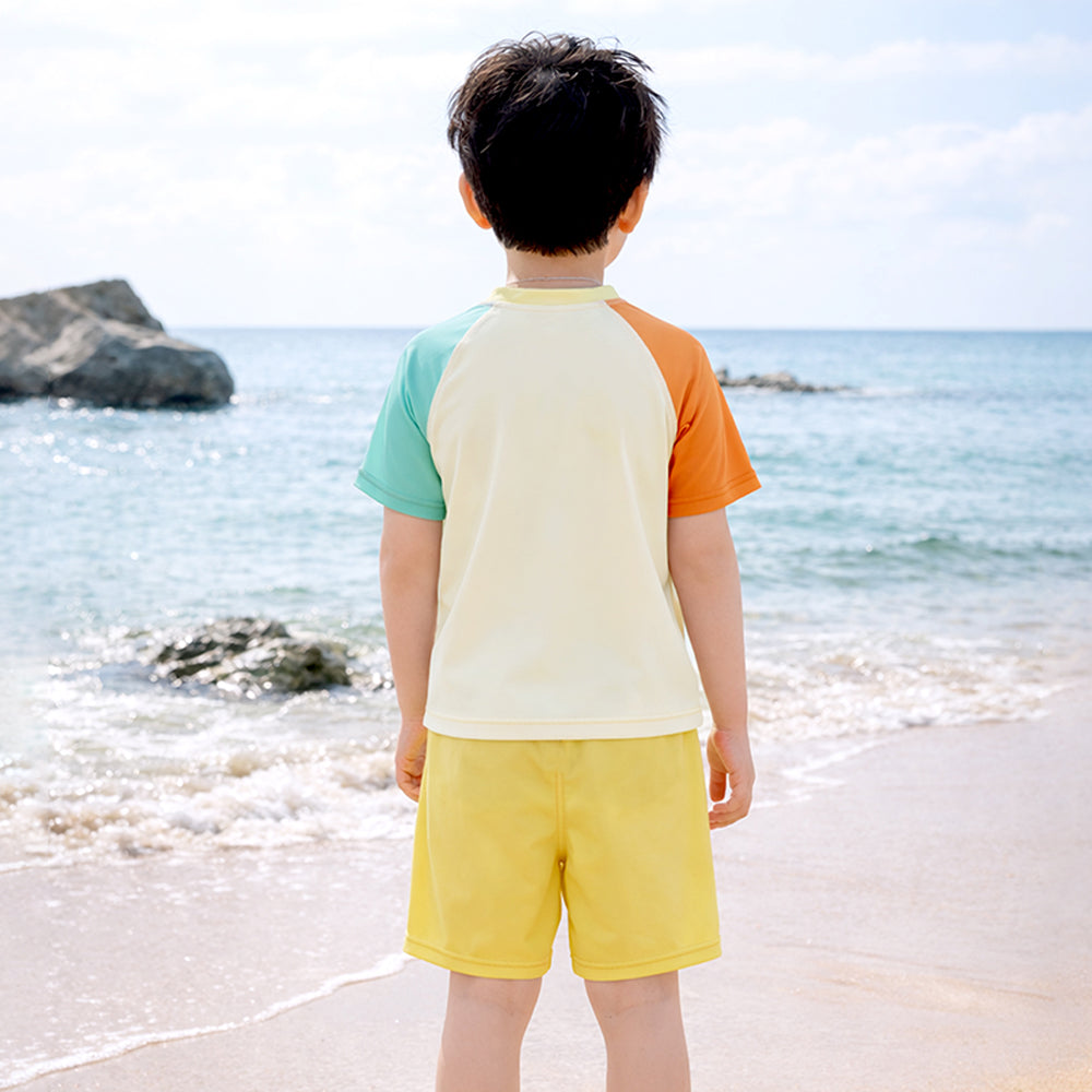 2 Pcs T-Shirt & Shorts Set Ivory, Teal & Yellow "Shine" Cartoon Print UPF 50+ Kids Swimwear with Matching Swim Cap With
