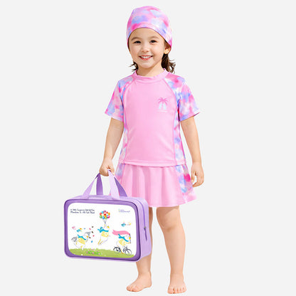 2 Pcs Top & Skort Set Peach Pink Tie-Dye Side Panel UPF 50+ Swimwear with Matching Swim Cap for Girls With Free Wash Bag -
