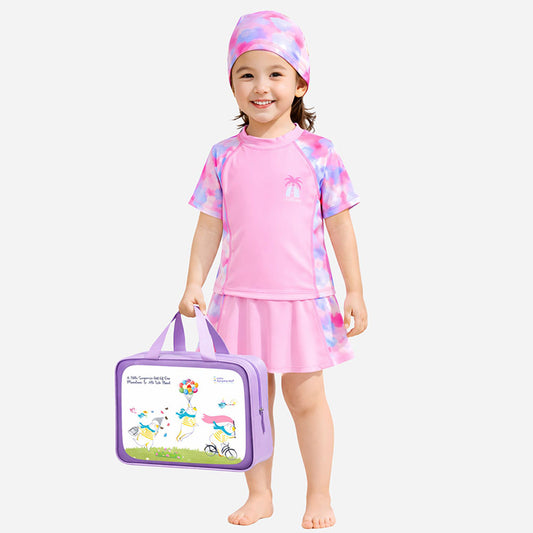 2 Pcs Top & Skort Set Peach Pink Tie-Dye Side Panel UPF 50+ Swimwear with Matching Swim Cap for Girls With Free Wash Bag -