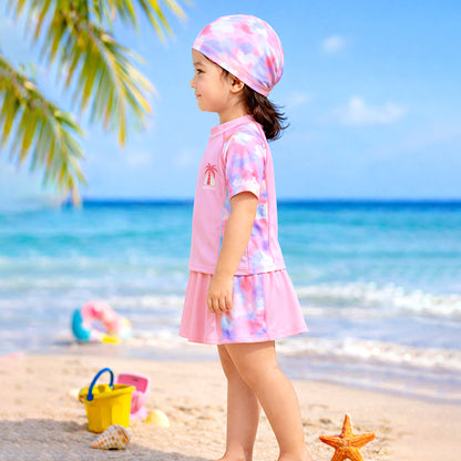 2 Pcs Top & Skort Set Peach Pink Tie-Dye Side Panel UPF 50+ Swimwear with Matching Swim Cap for Girls With Free Wash Bag -