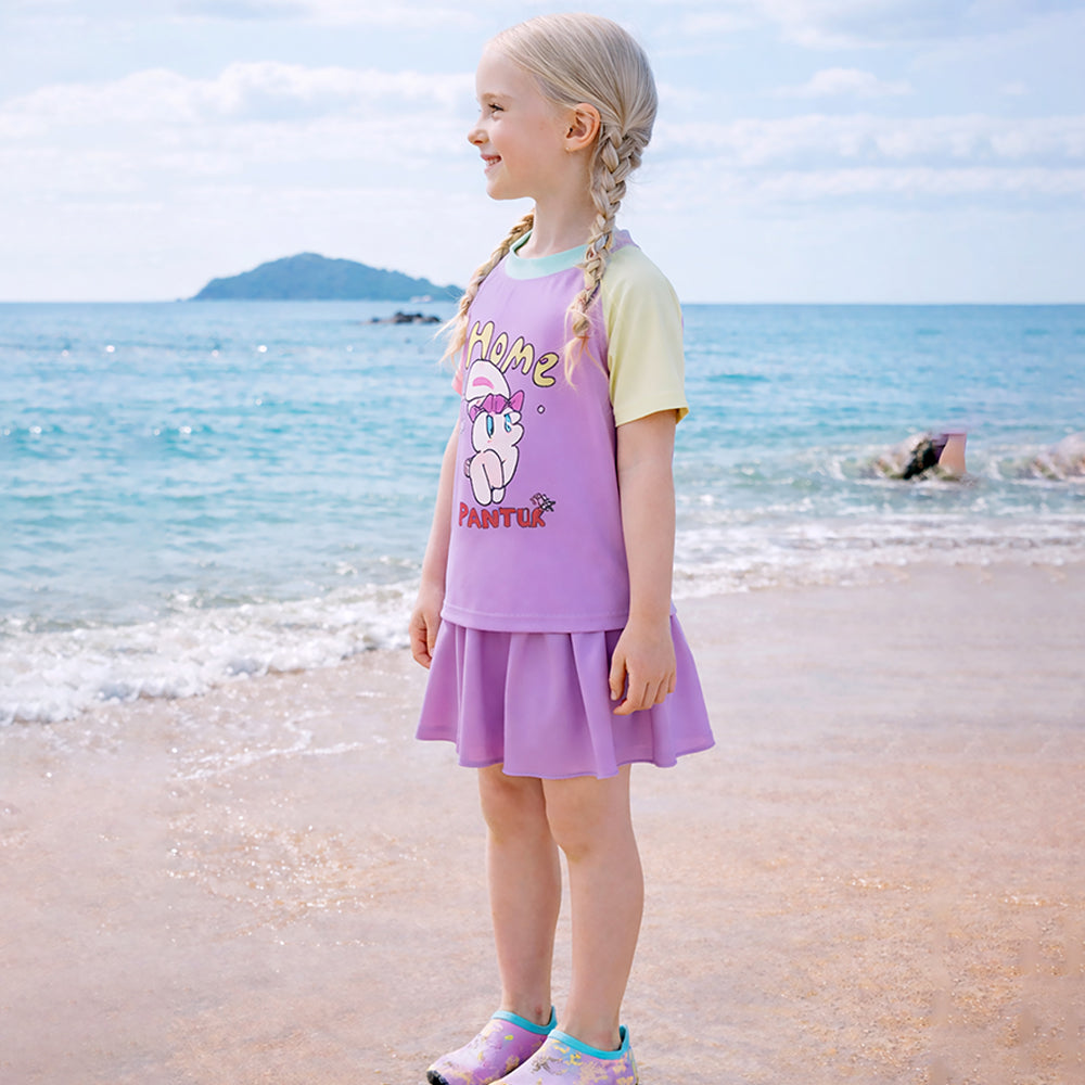 2 Pcs Top & Skort Set Purple "Home Painter" Rabbit Print UPF 50+ Swimwear with Matching Swim Cap for Girls With Free Wash