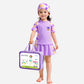 2 Pcs Top & Skort Set Purple Tie-Dye Side Panel UPF 50+ Swimwear with Matching Swim Cap for Girls With Free Wash Bag -