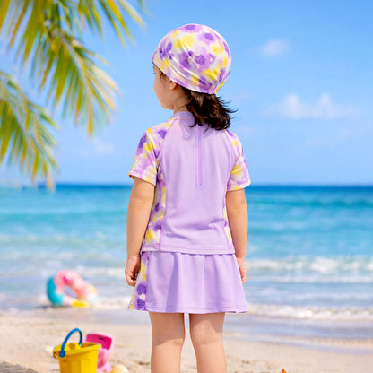 2 Pcs Top & Skort Set Purple Tie-Dye Side Panel UPF 50+ Swimwear with Matching Swim Cap for Girls With Free Wash Bag -