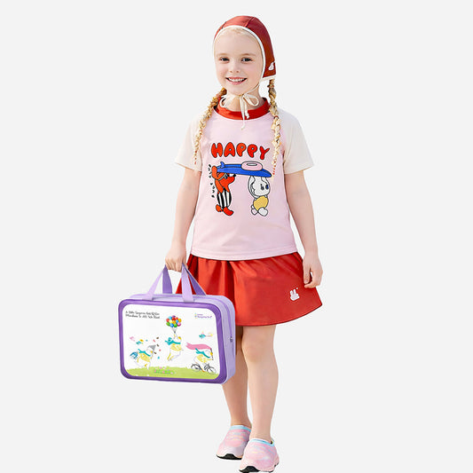 2 Pcs Top & Skort Set Red & Pink "Happy Surf Club" Cartoon Print UPF 50+ Swimwear with Matching Swim Cap for Girls With