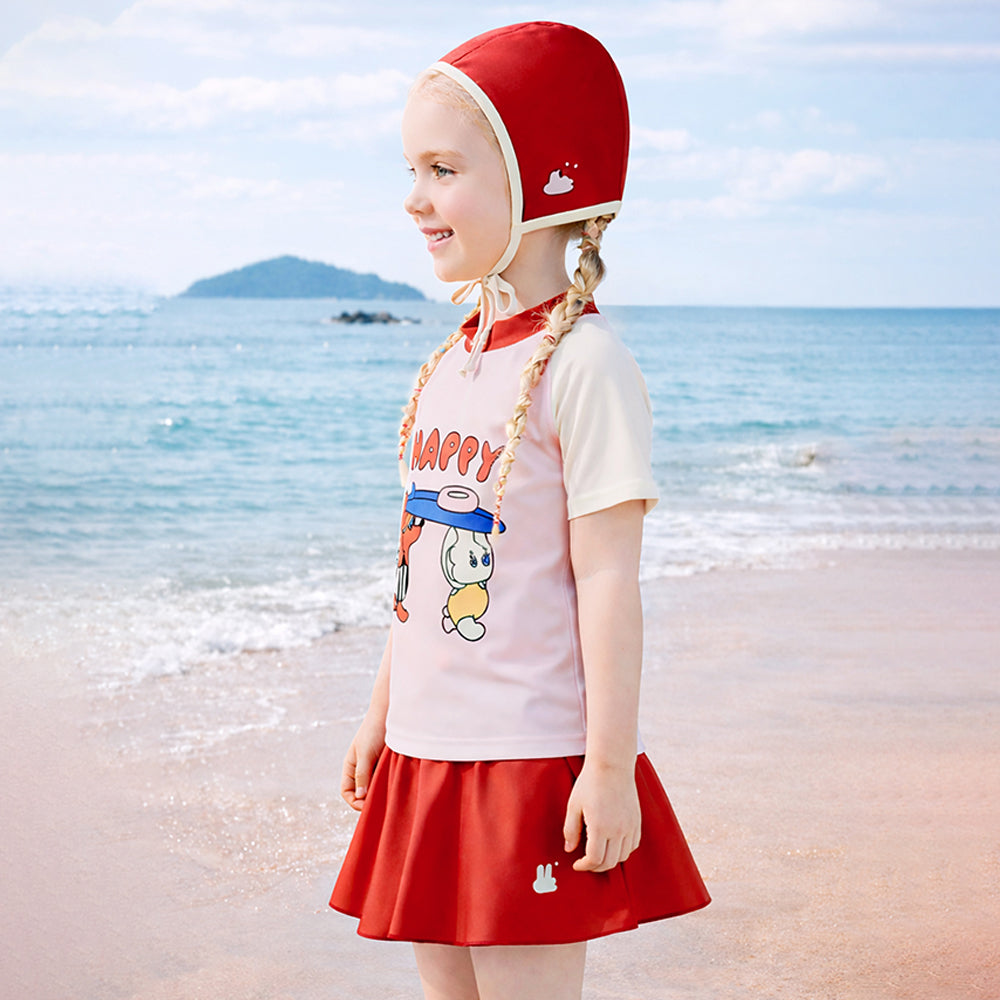 2 Pcs Top & Skort Set Red & Pink "Happy Surf Club" Cartoon Print UPF 50+ Swimwear with Matching Swim Cap for Girls With