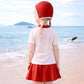 2 Pcs Top & Skort Set Red & Pink "Happy Surf Club" Cartoon Print UPF 50+ Swimwear with Matching Swim Cap for Girls With